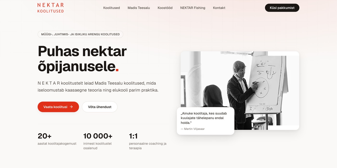NEKTAR koolitused — uus koduleht React-tehnoloogial