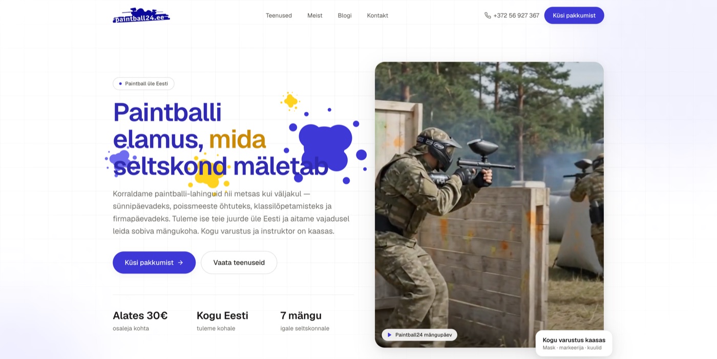 Paintball24.ee — kaasaegne koduleht React-tehnoloogial
